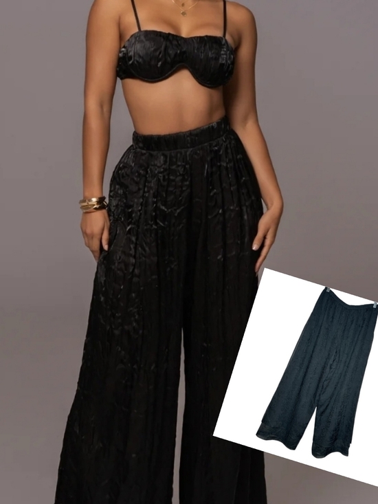 Sue Wong Pants - Vintage Designer Sue Wong Black Wide-Leg Crinkle Palazzo Pants